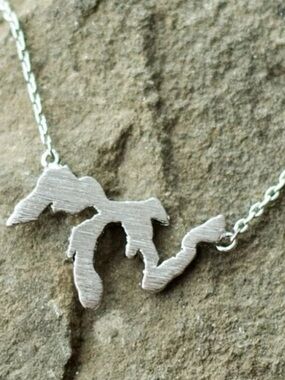 Great Lakes Necklace, Stainless Steel, Cute Michigan Lakes Necklace